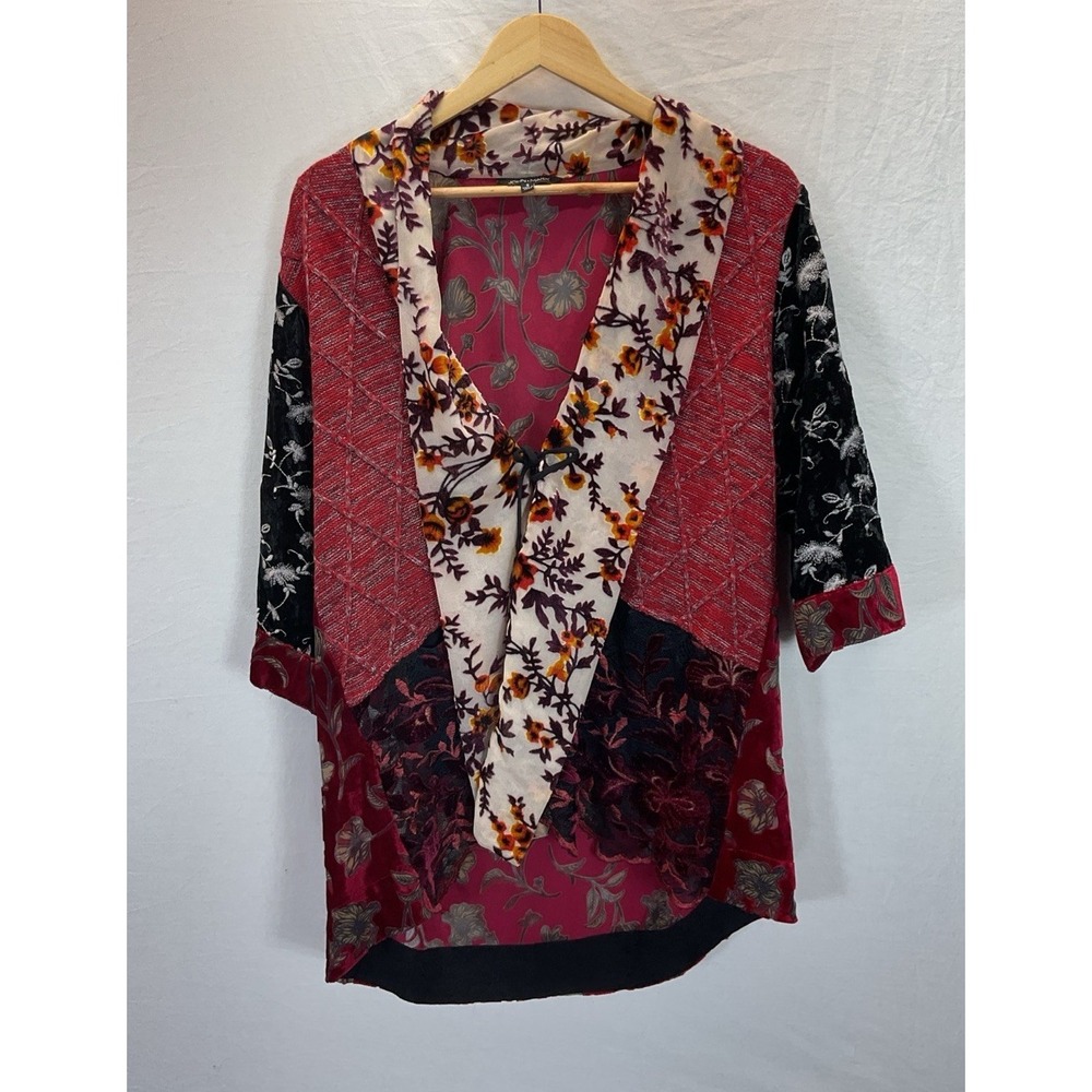 JOHN MARK Burgundy Floral Sweater velvet Lace burnout Kimono Shrug Size S